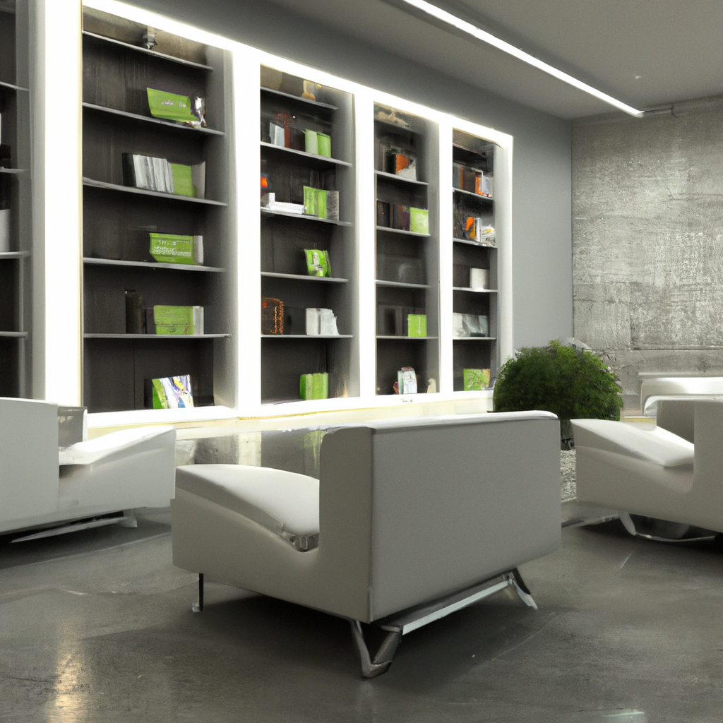 Salon moderne avec fauteuils blancs, étagères lumineuses et murs en béton pour une ambiance minimaliste et contemporaine.