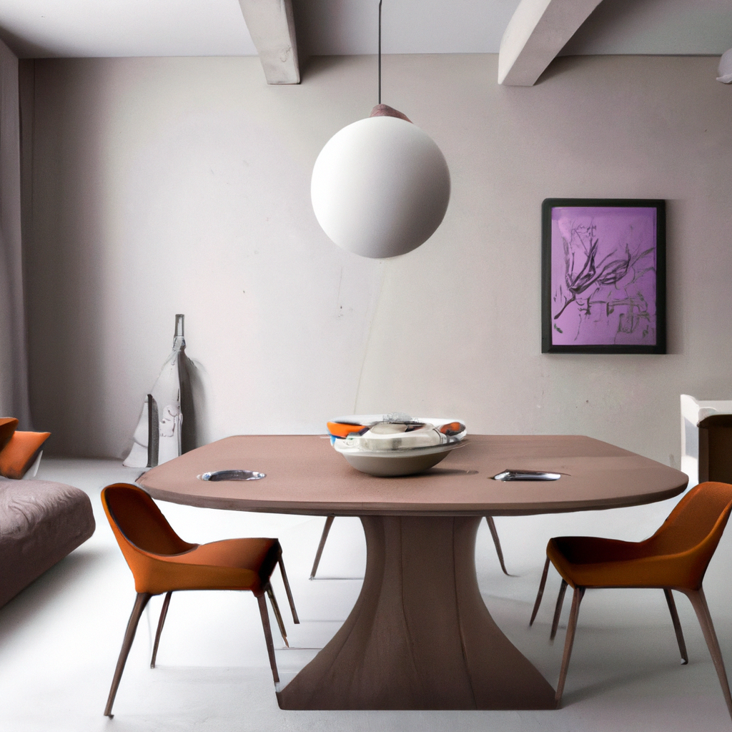 Salle à manger moderne avec table en bois brun, chaises orange et luminaire sphérique, ambiance épurée et contemporaine.