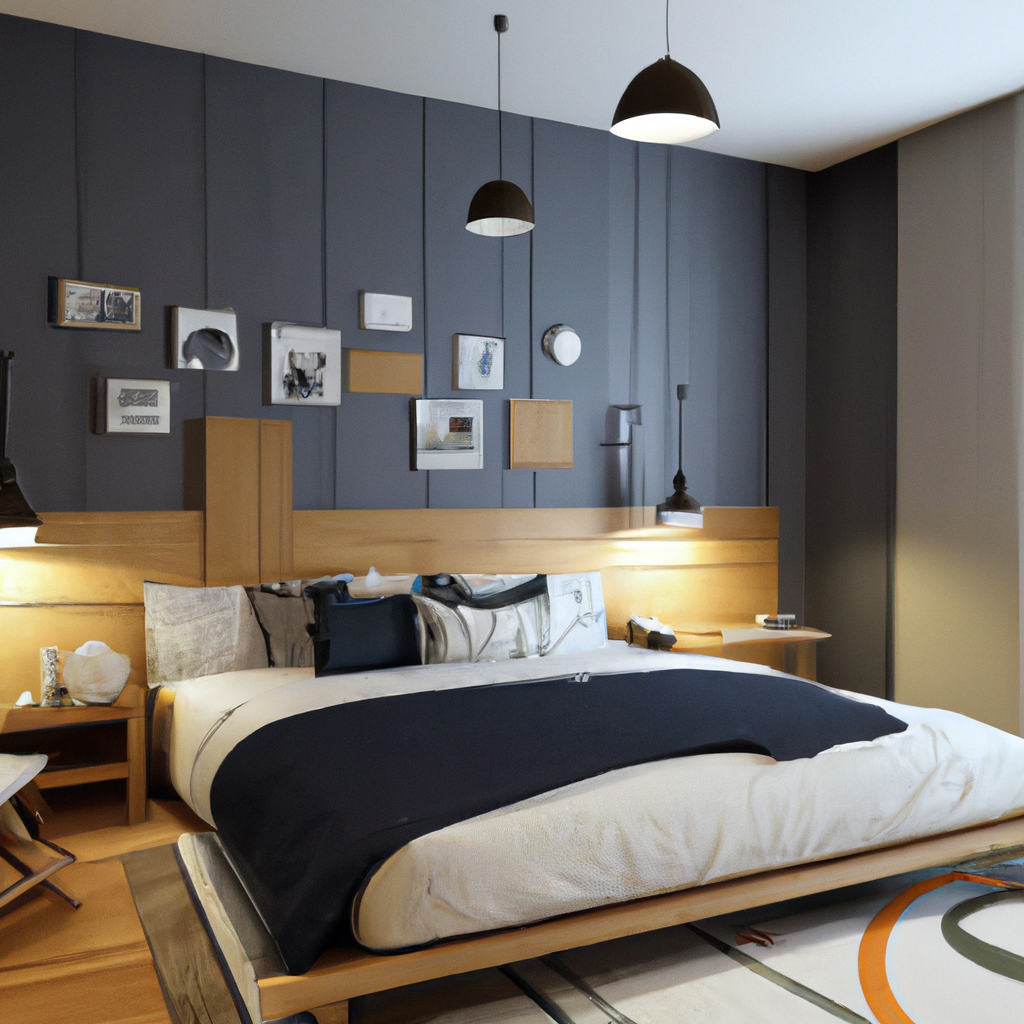 Chambre moderne avec mur gris, lit en bois, linge noir et blanc, œuvres d'art, ambiance cozy et lumineuse.