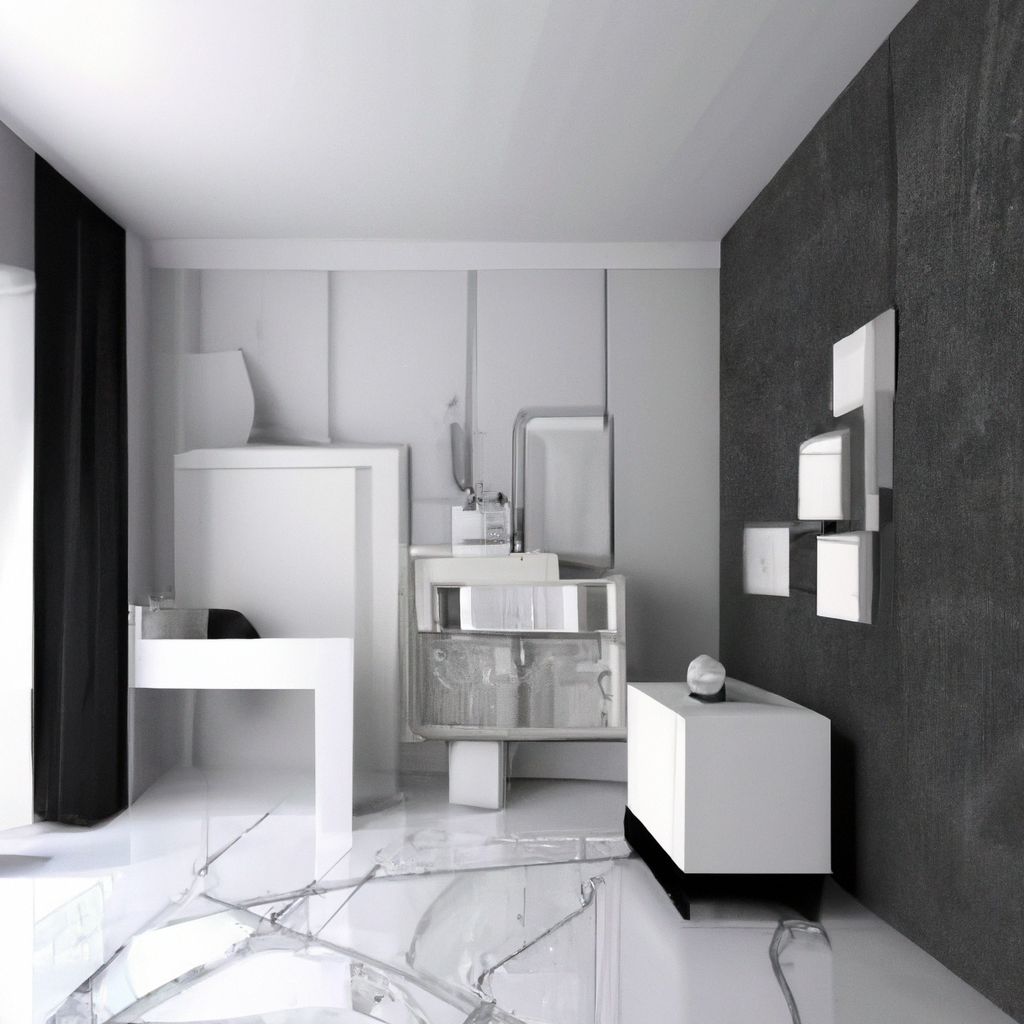 Salle de bain moderne en noir et blanc, meubles minimalistes et élégants, ambiance épurée avec sol réfléchissant.