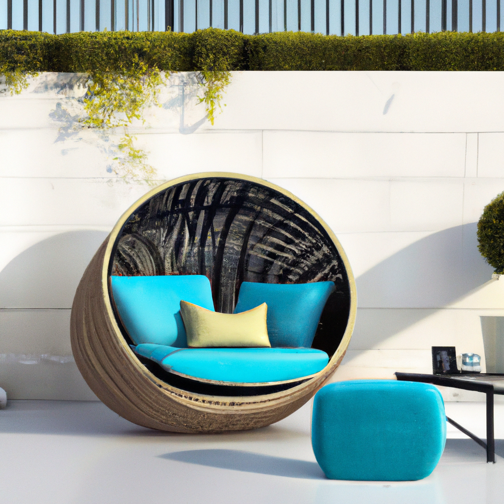 Chaise ronde en rotin beige avec coussins turquoise et vert, table noire minimaliste, ambiance moderne et estivale.