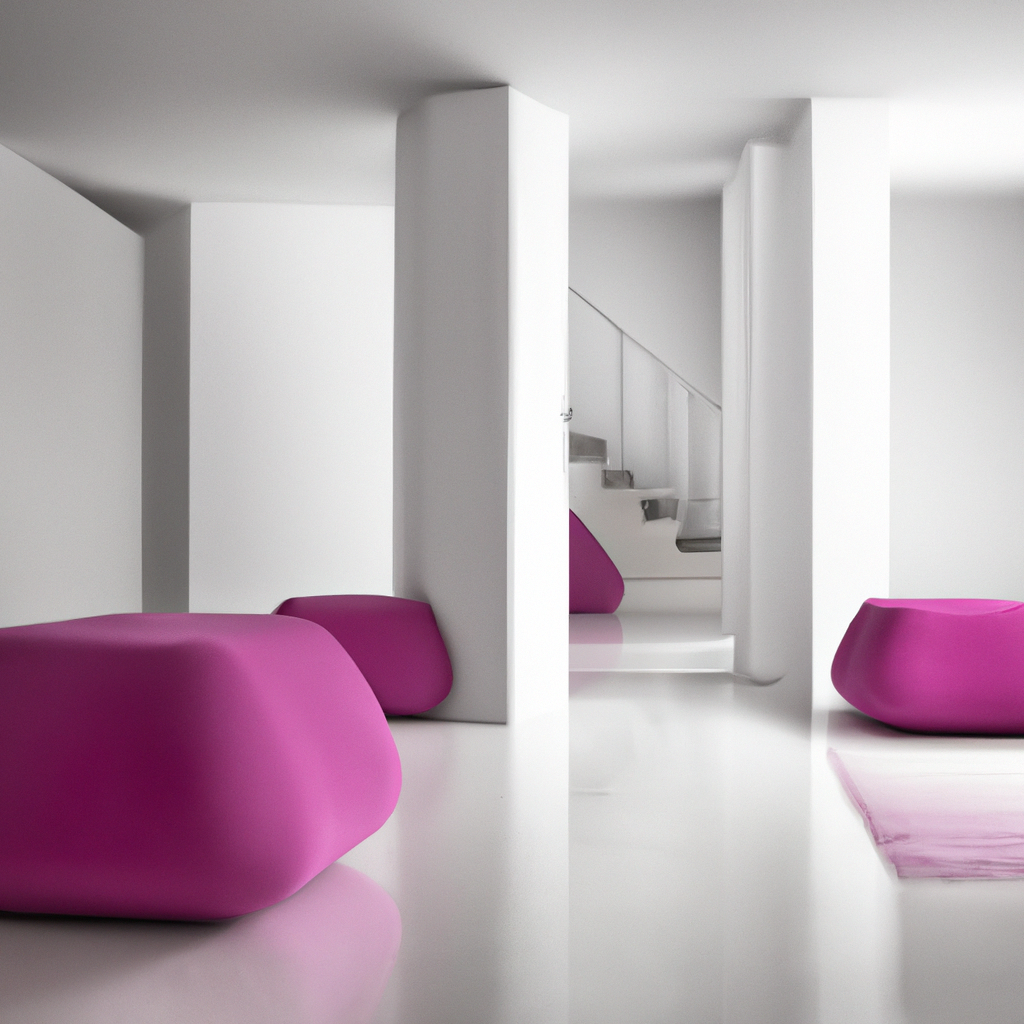 Intérieur moderne et minimaliste avec des poufs roses, murs blancs et un escalier, ambiance lumineuse et épurée.