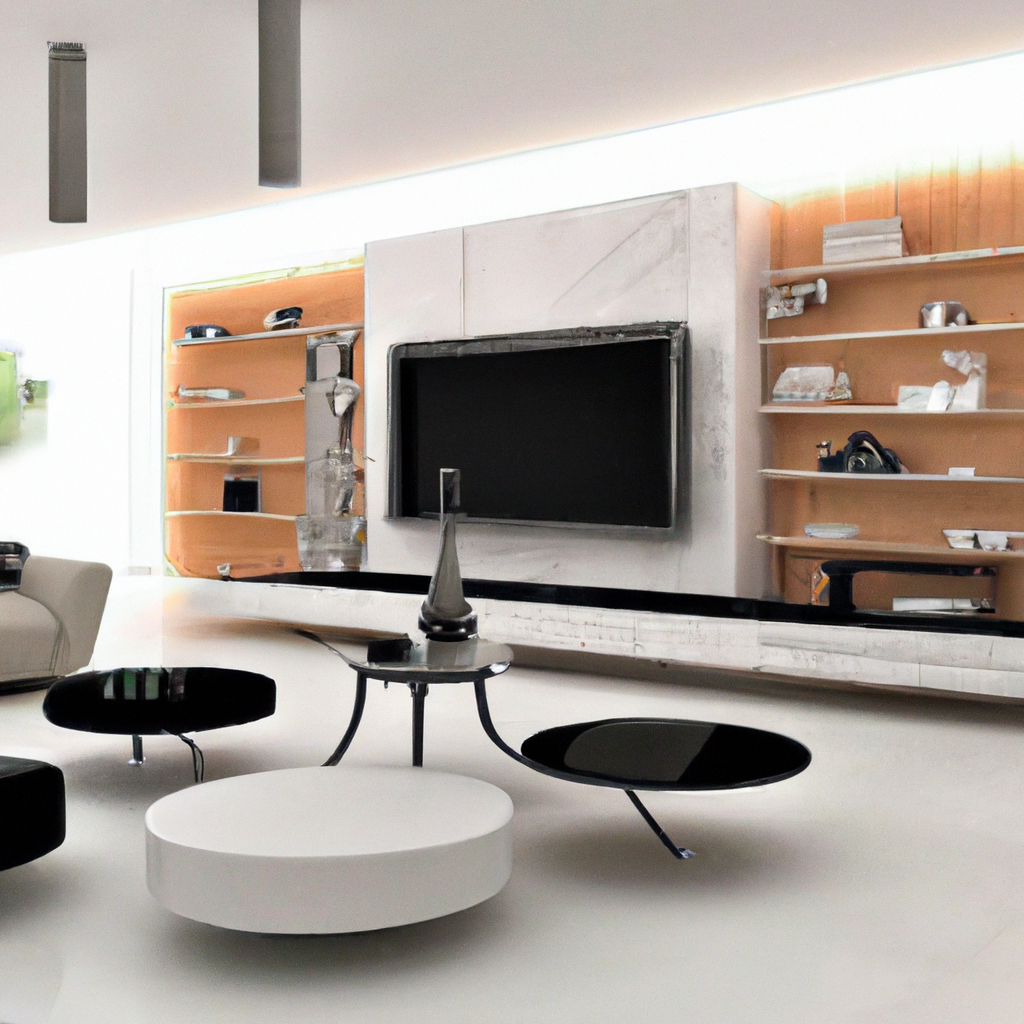 Salon moderne avec mobilier minimaliste : table basse noire et blanche, étagère en bois, ambiance épurée et lumineuse.