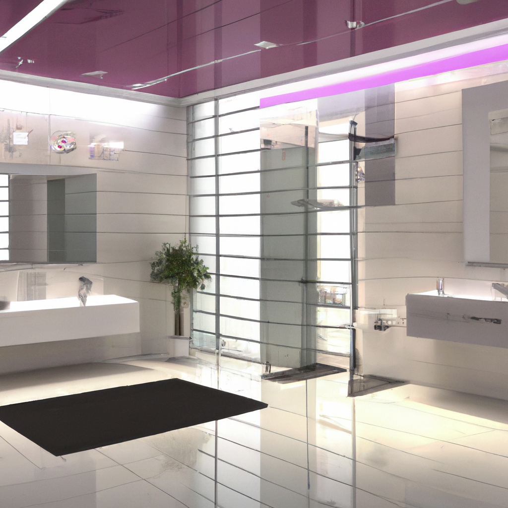 Salle de bain contemporaine minimaliste, murs blancs, plafond rose, meuble élégant, miroir moderne, ambiance épurée.