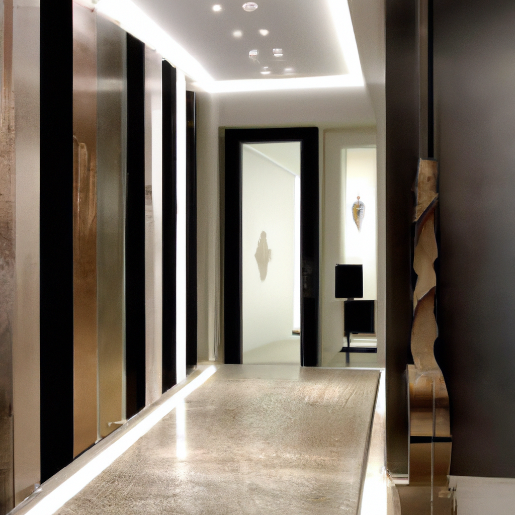 Couloir moderne avec murs métalliques, éclairage LED, sol glossy et éléments décoratifs en bois, ambiance élégante et mini...