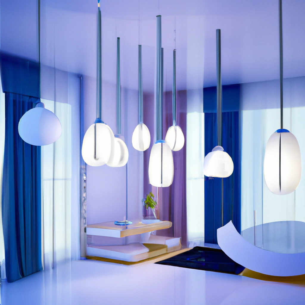 Intérieur moderne avec suspensions lumineuses blanches, rideaux bleus et violet, coin repas minimaliste et ambiance apaisa...