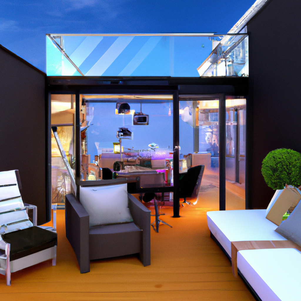 Terrasse moderne avec mobilier minimaliste, couleurs neutres, jeux de lumière et touches de verdure. Ambiance élégante et ...