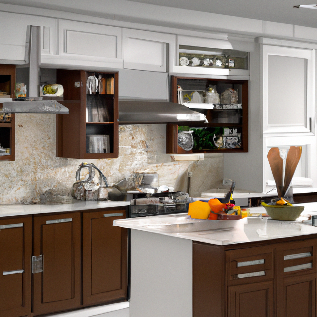 Cuisine moderne avec armoires marron, comptoir en marbre et décor élégant, ambiance chaleureuse et accueillante.