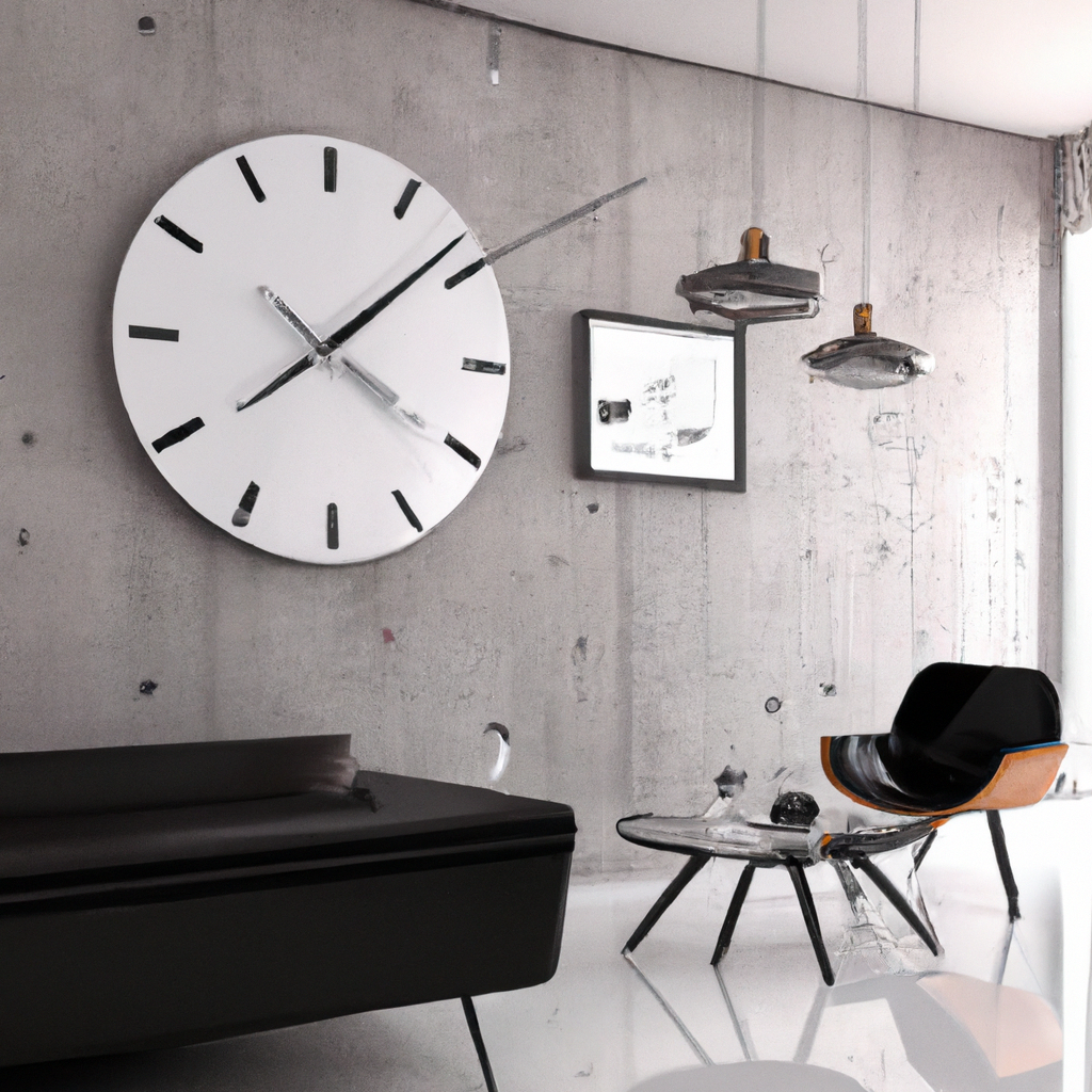 Intérieur moderne avec horloge design, fauteuil noir, table en verre et murs en béton. Ambiance épurée et contemporaine.