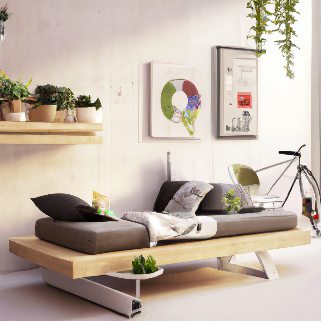 Salon moderne minimaliste avec un canapé gris, des étagères en bois, de la verdure et des œuvres d'art colorées. Ambiance ...