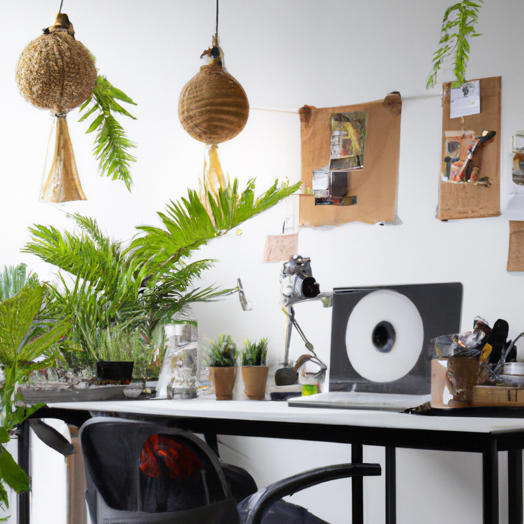 Décor d'intérieur moderne avec plantes vertes, bureau minimaliste noir, éclairage suspendu en rotin et ambiance créative.