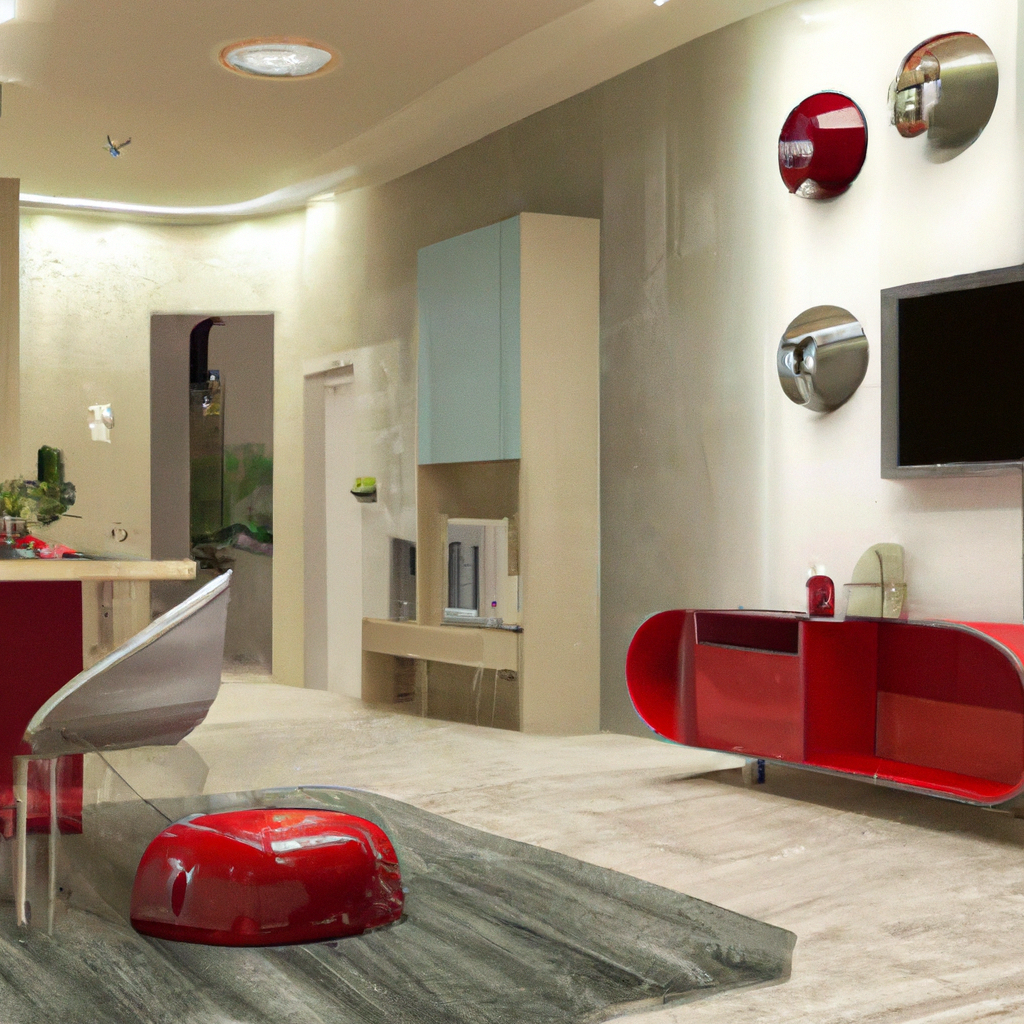 Décoration intérieure moderne : murs beige, meubles rouges et gris, ambiance épurée et lumineuse avec éclairage doux.