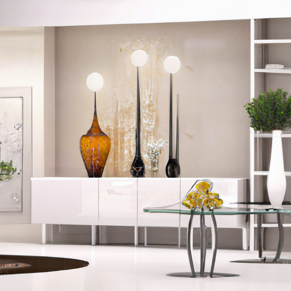 Salon moderne avec meuble blanc, vases colorés, lampes rondes, et décoration élégante. Ambiance minimaliste et lumineuse.