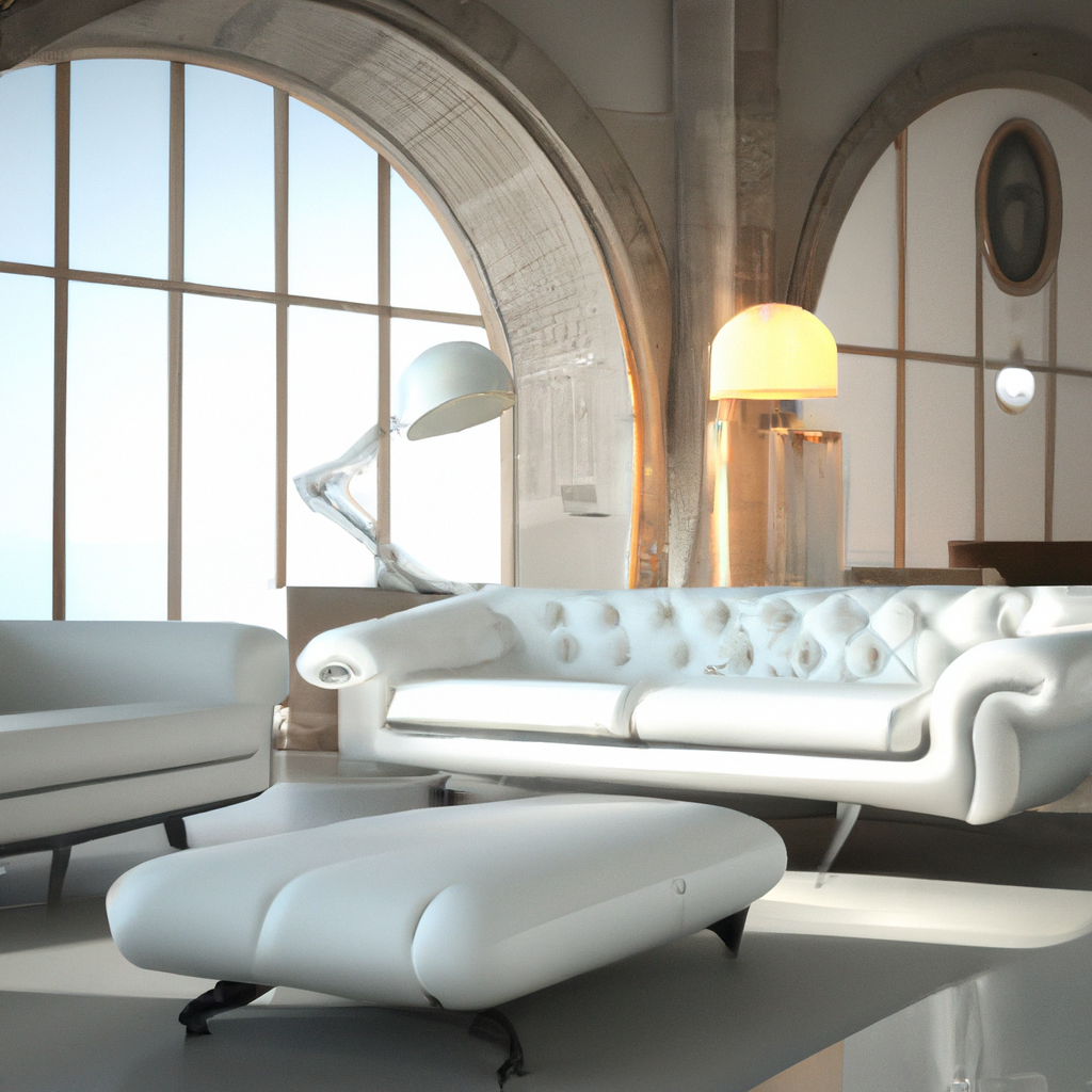 Salon moderne avec canapé blanc capitonné, table basse élégante et lampes design, ambiance lumineuse et épurée.