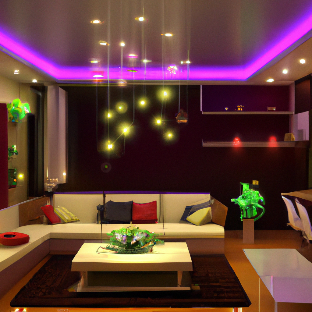 Salon moderne avec éclairage violet, canapé blanc, coussins colorés, déco contemporaine et table basse élégante.