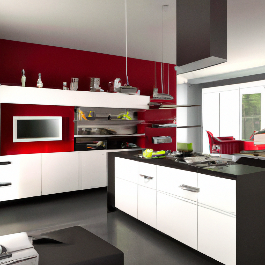 Cuisine moderne avec murs rouges, meubles blancs et noirs, étagères ouvertes, ambiance contemporaine et lumineuse.