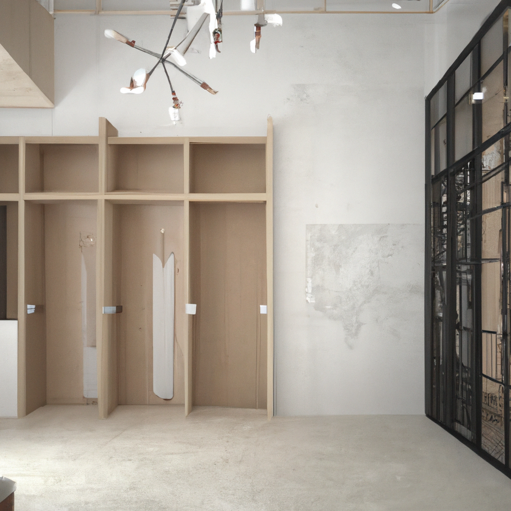 Espace intérieur minimaliste avec rangements en bois clair, murs blancs et un lustre moderne en métal.