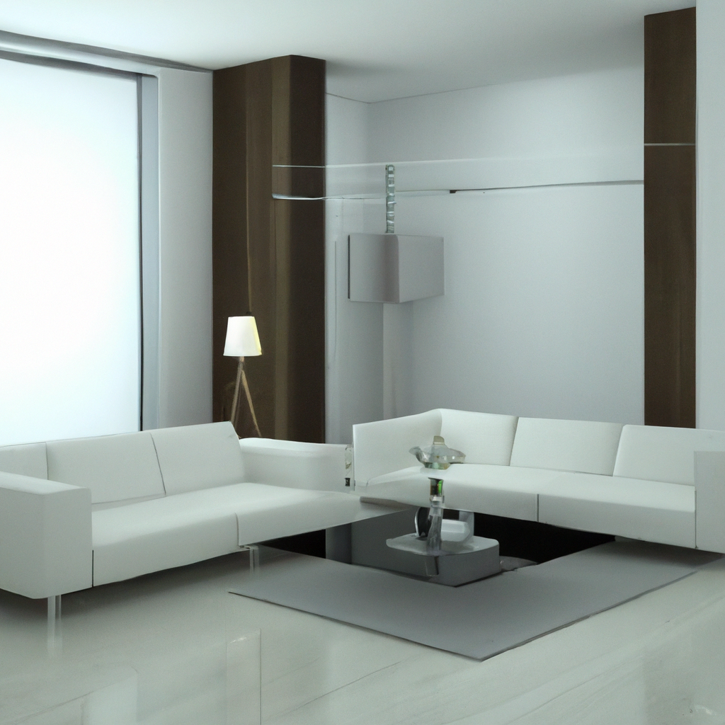 Salon moderne minimaliste avec canapé blanc, table basse grise et lampadaire, ambiance épurée et lumineuse.