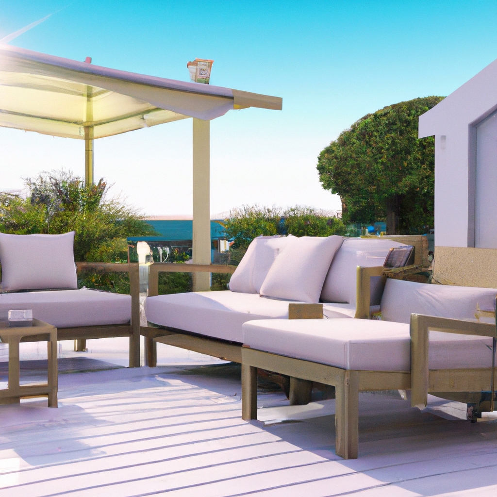 Terrasse moderne avec canapé beige et coussins clairs, vue sur la mer, ambiance relaxante et lumière naturelle généreuse.