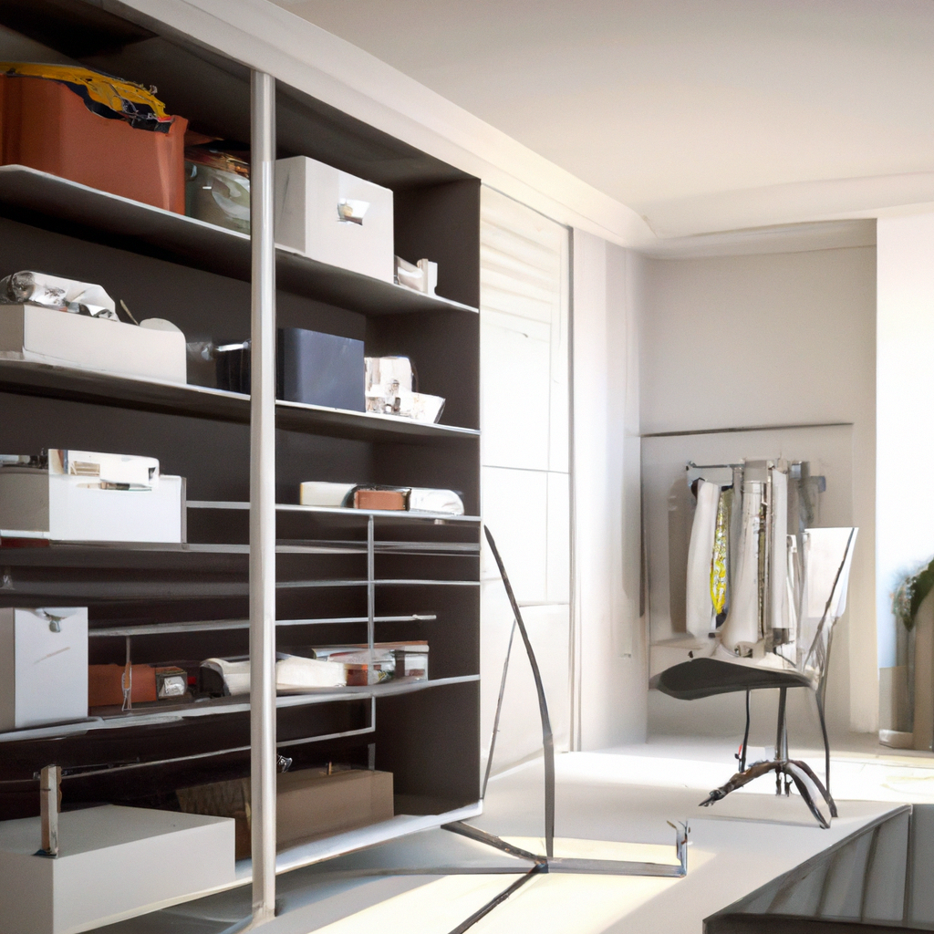 Espace moderne avec étagères noires, rangement minimaliste, lumière naturelle et ambiance épurée, idéal pour un intérieur ...