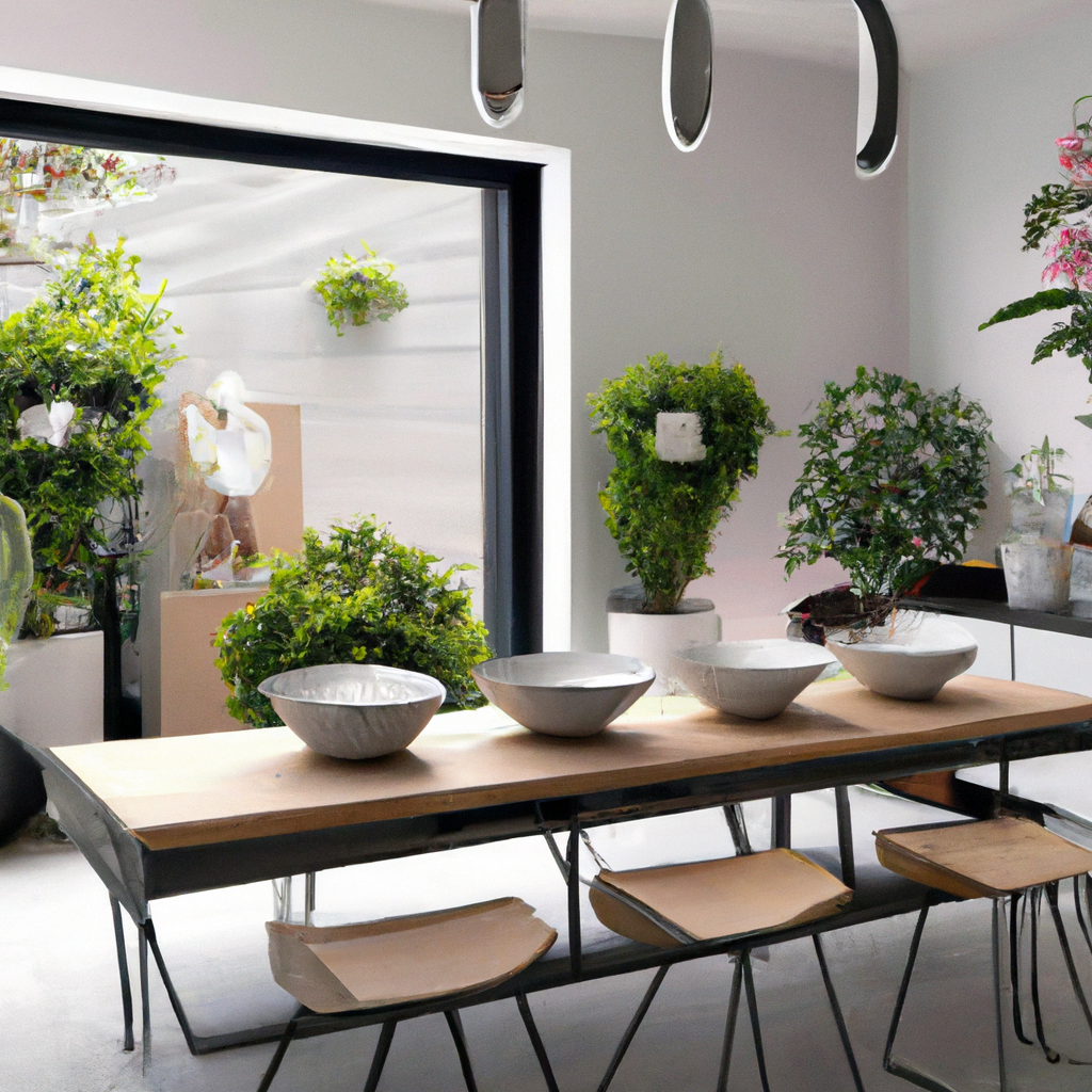 Table en bois moderne avec chaises minimalistes, plantes vertes décoratives, ambiance lumineuse et naturelle.