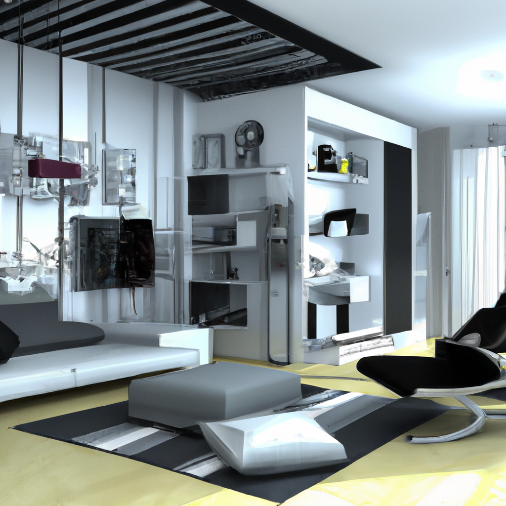 Intérieur moderne avec canapé blanc, meubles noirs minimalistes et ambiance futuriste. Murs gris et touches de design cont...