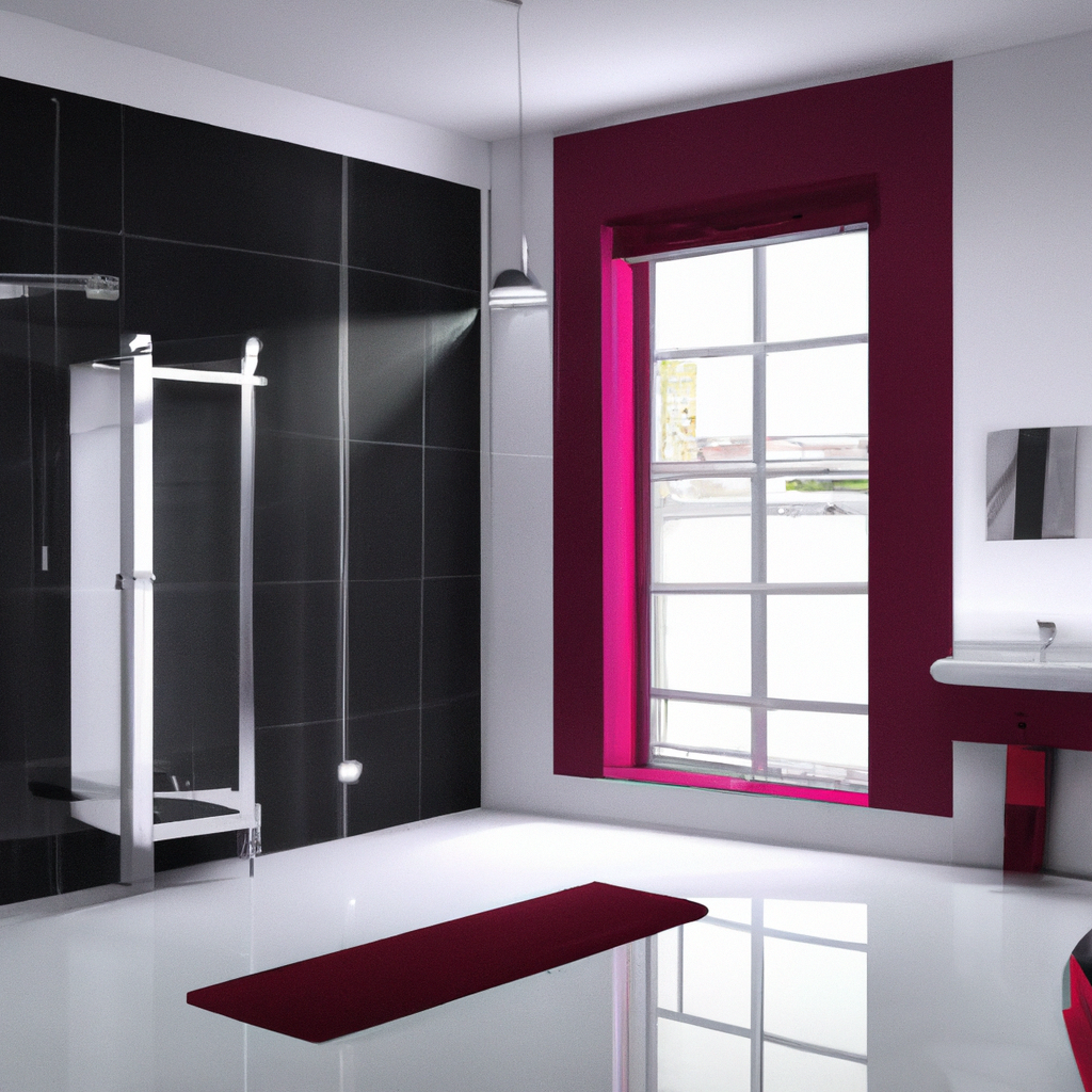 Salle de bain moderne avec carrelage noir, mur fuchsia, fenêtre lumineuse et accessoires minimalistes. Ambiance chic et co...