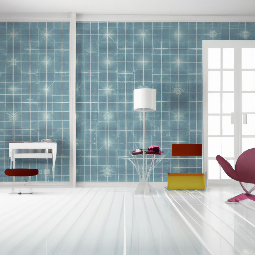 Intérieur moderne avec mur bleu à carreaux, mobilier minimaliste blanc, chaise rose, table en verre et accents colorés.