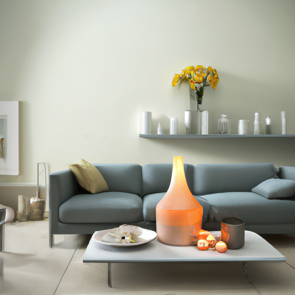 Salon moderne avec canapé gris, vase lumineux orange, fleurs jaunes, décor minimaliste et ambiance chaleureuse.