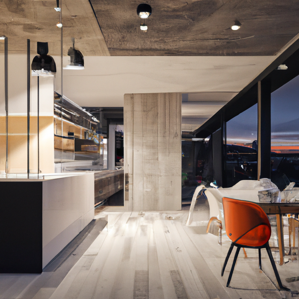 Cuisine moderne avec parquet clair, îlot noir, étagères lumineuses et chaises orange, ambiance contemporaine et aérée.
