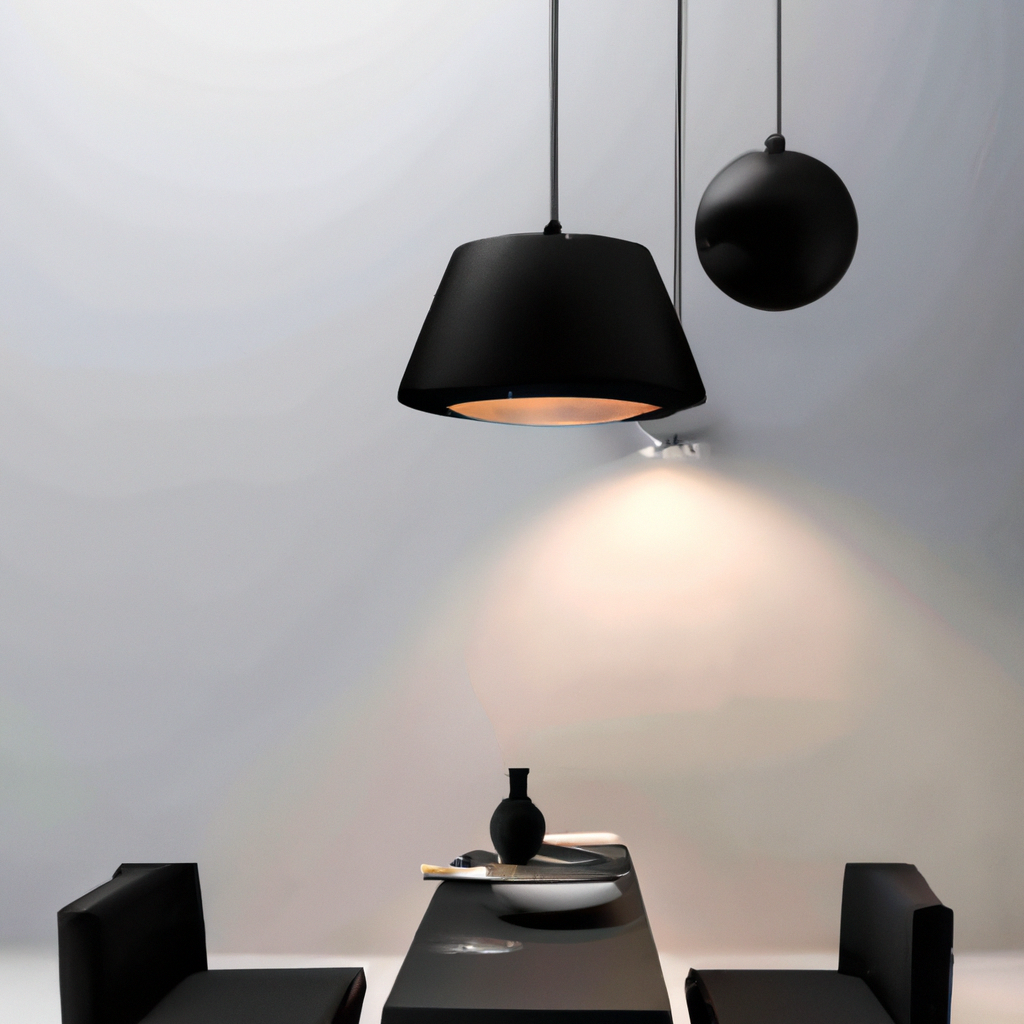 Décor moderne : table noire élégante, chaises contemporaines, suspensions noires, atmosphère minimaliste et chaleureuse.