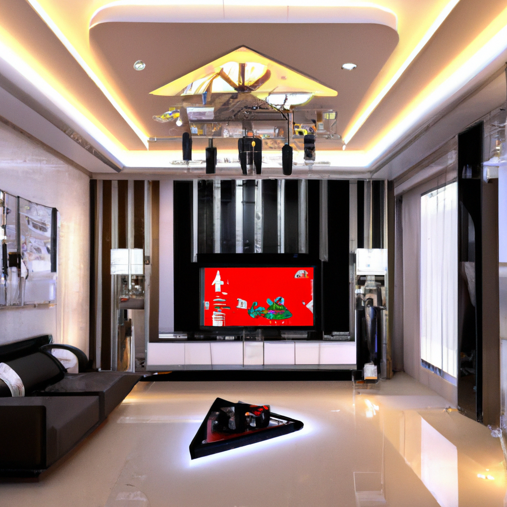 Salon moderne avec mur noir, canapé marron, télévision rouge, éclairage LED et décor épuré et élégant.