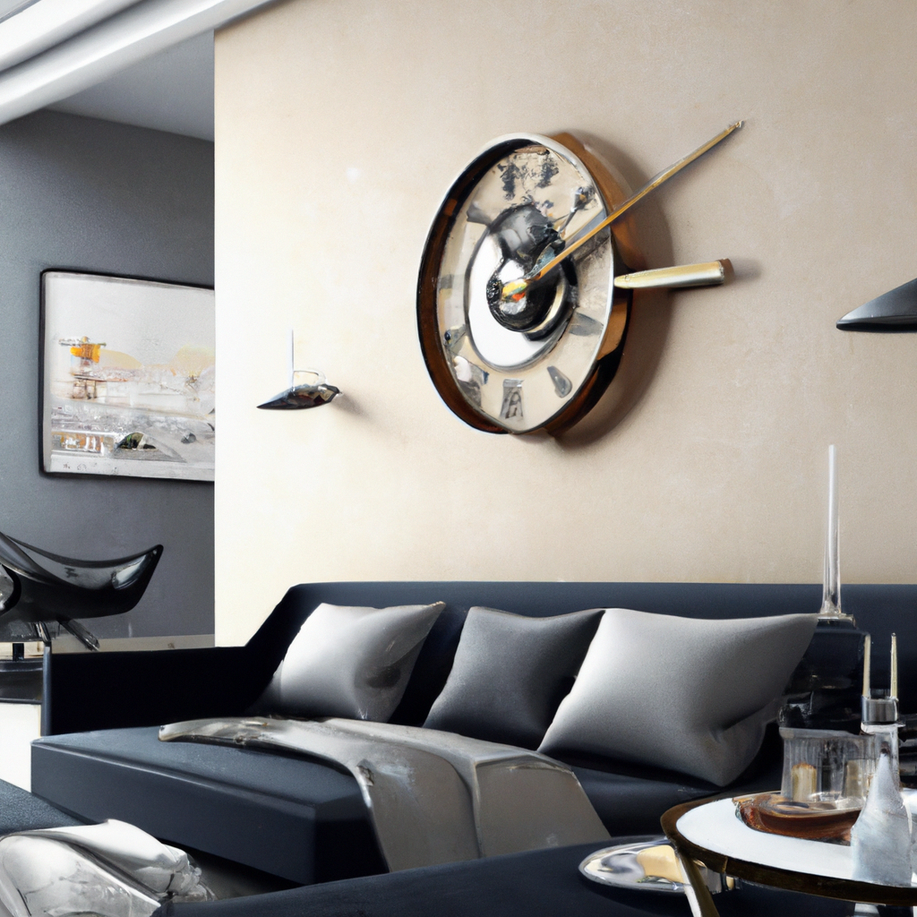 Salon moderne avec canapé noir, coussins argentés, horloge design et décor minimaliste dans des tons neutres.