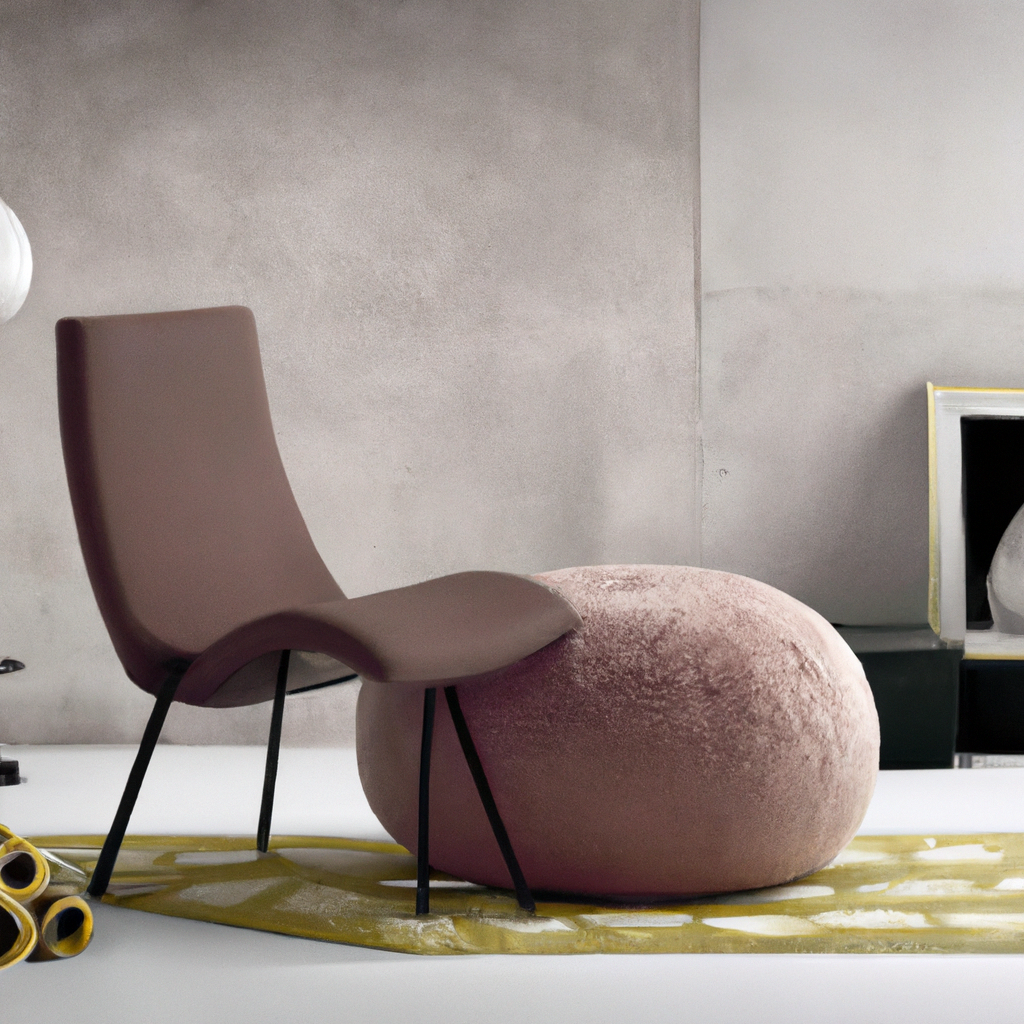Chaise moderne en ton terre cuite avec pouf rose, sur tapis géométrique jaune, ambiance minimaliste et élégante.