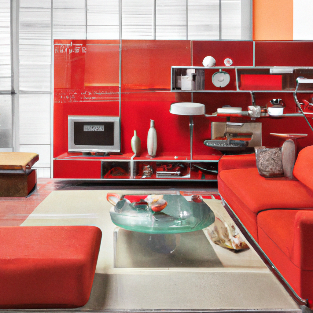 Salon moderne avec canapé rouge vif, meuble mural en verre, table basse en verre, ambiance minimaliste et design audacieux.