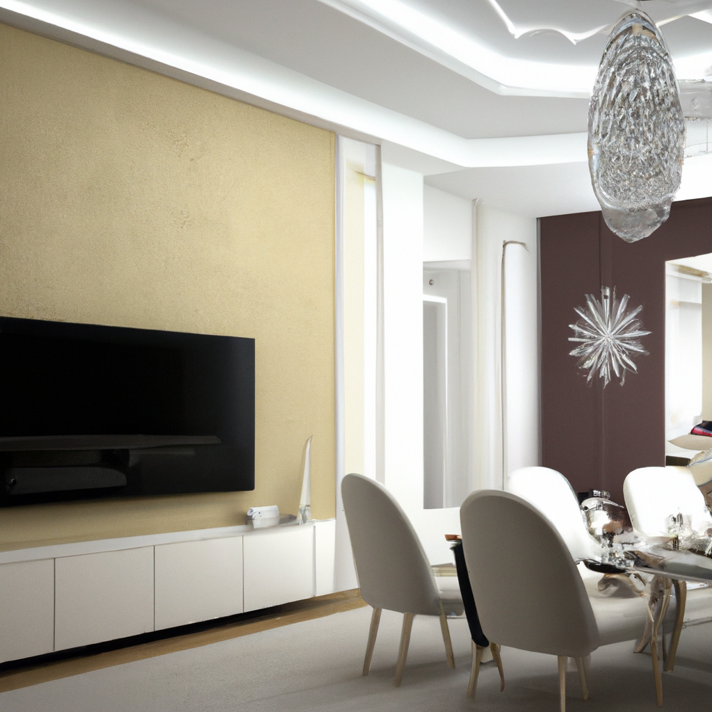 Intérieur moderne avec murs dorés, meuble TV minimaliste, table élégante, chaises blanches et lustre cristal chic.