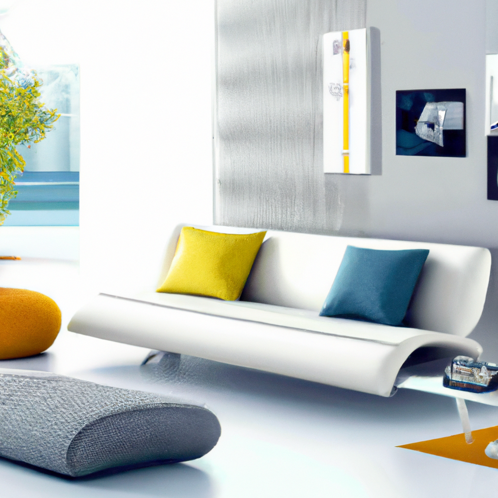 Intérieur moderne lumineux avec canapé blanc, coussins colorés, pouf gris et touches de jaune, ambiance contemporaine épurée.