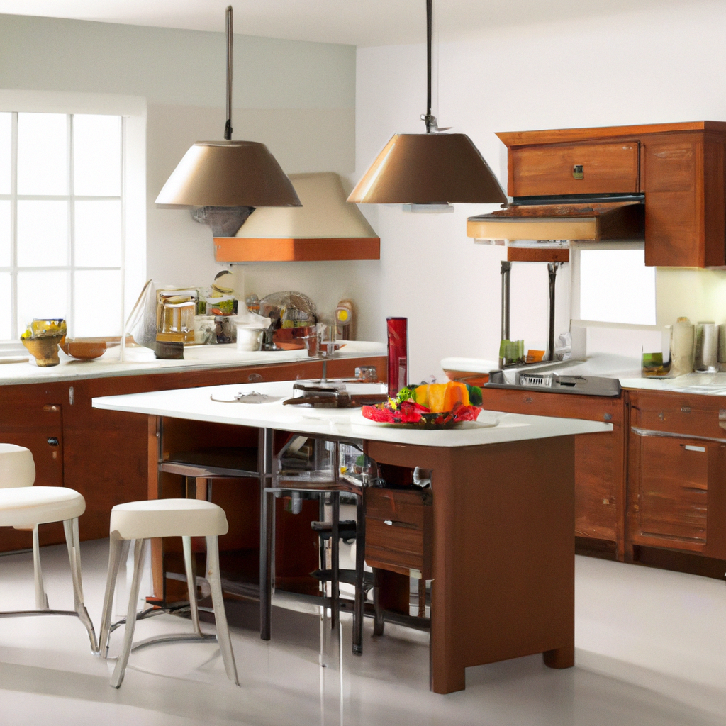 Cuisine moderne chaleureuse avec îlot central, tabourets en métal, accents en bois et lumières suspendues cuivrées.