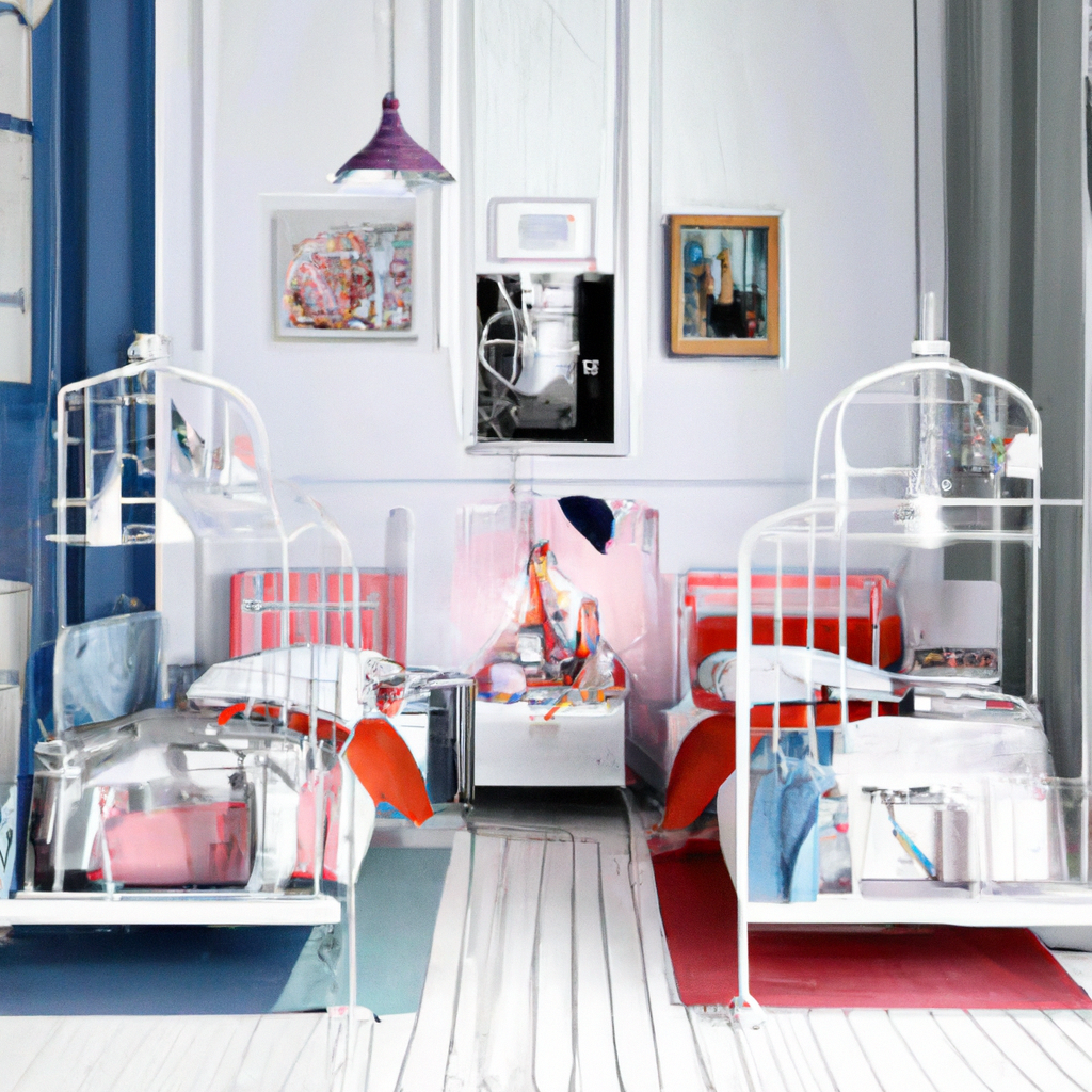 Chambre moderne aux lits transparents, couleurs vives et décor artistique, ambiance lumineuse et aérée.