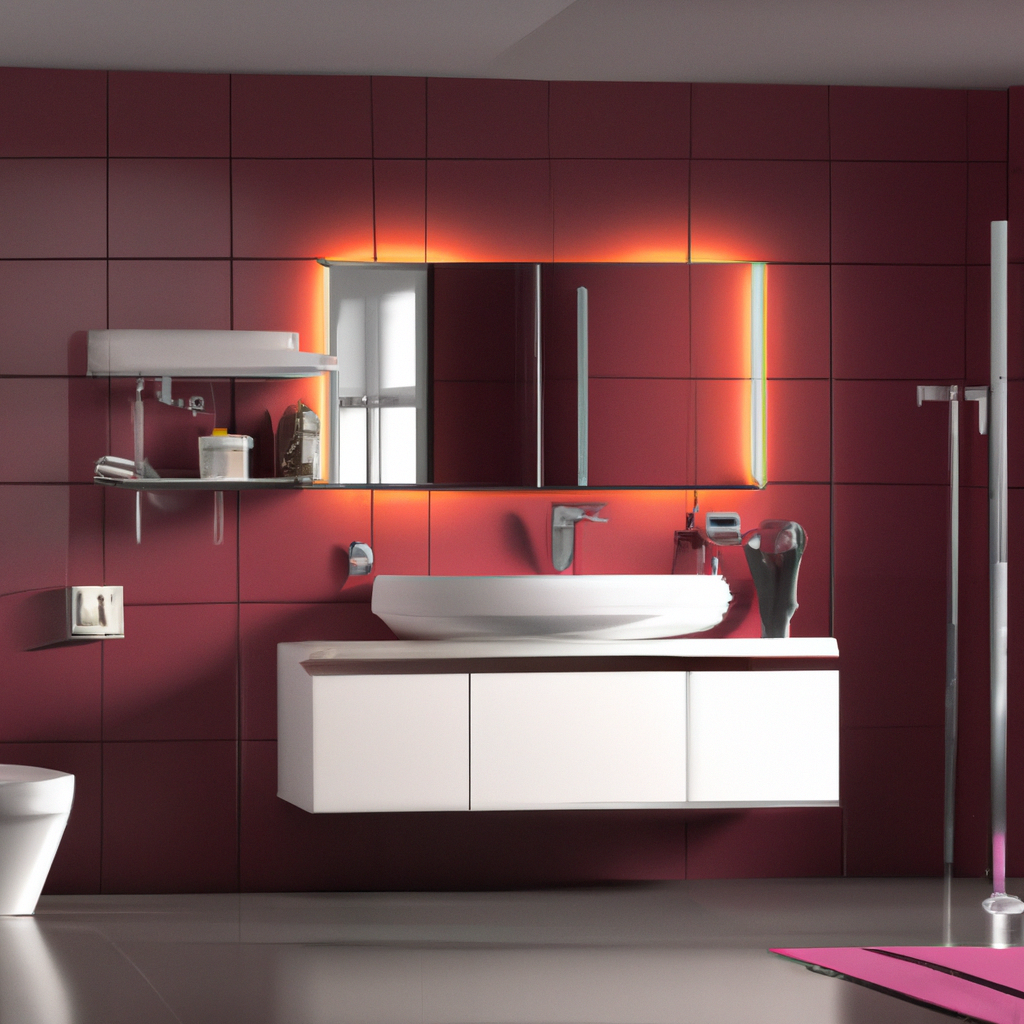 Salle de bain moderne avec carrelage bordeaux, meuble sous-vasque blanc, miroir éclairé et accessoires élégants.