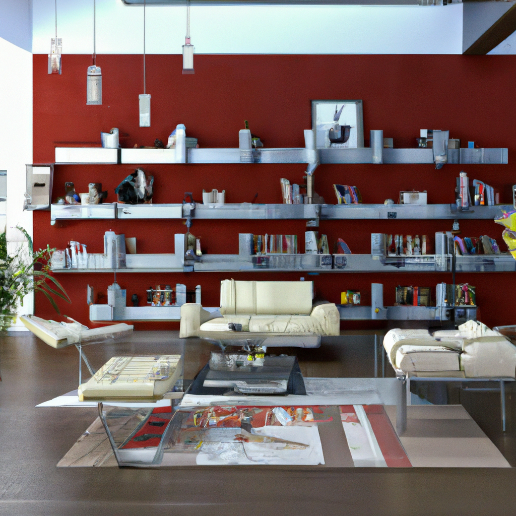 Intérieur moderne avec murs rouges, étagères métalliques, canapé beige, table en verre, œuvres d'art colorées et ambiance ...