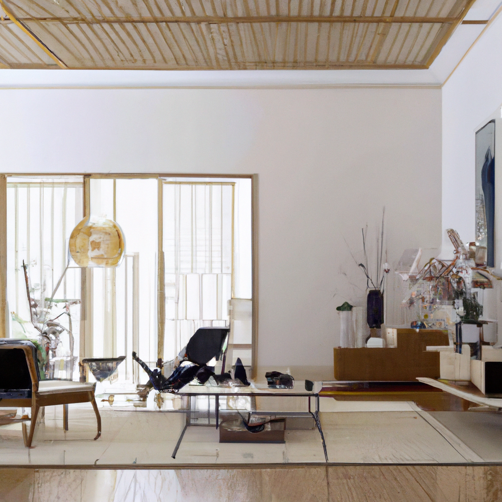 Intérieur moderne minimaliste avec parquet clair, fauteuil noir, tables en verre et décorations en bois. Ambiance zen et é...