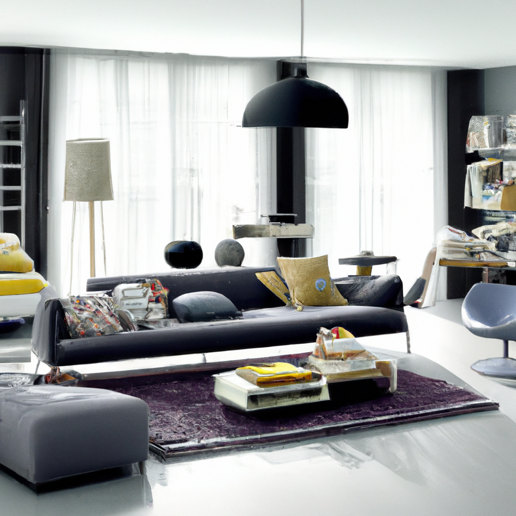 Salon moderne avec canapé noir, coussins jaunes, lampe suspendue, décor épuré et ambiance lumineuse.