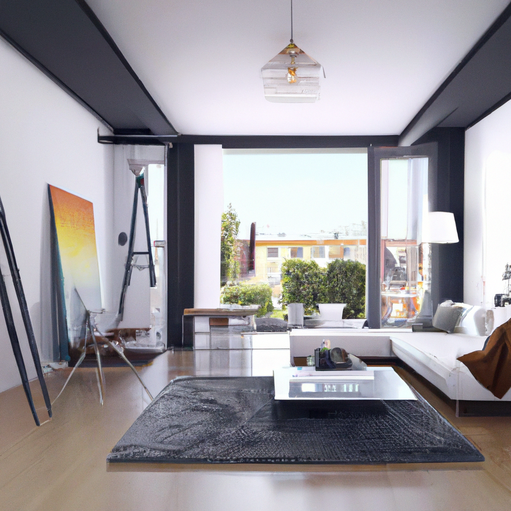 Salon moderne lumineux avec canapé blanc, table en verre, décor minimaliste, peinture artistique et grande fenêtre.