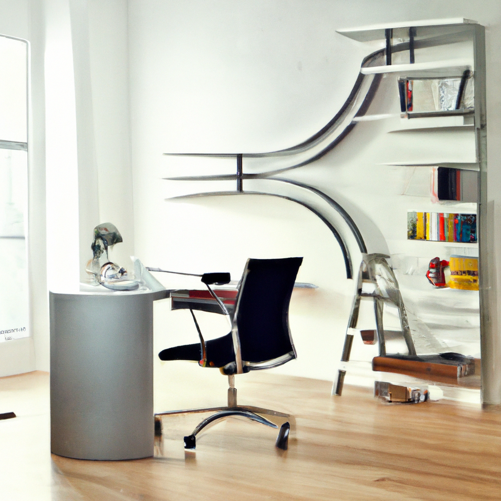 Bureau moderne minimaliste avec chaise noire, étagère design en acier, ambiance épurée et lumineuse, parquet en bois clair.