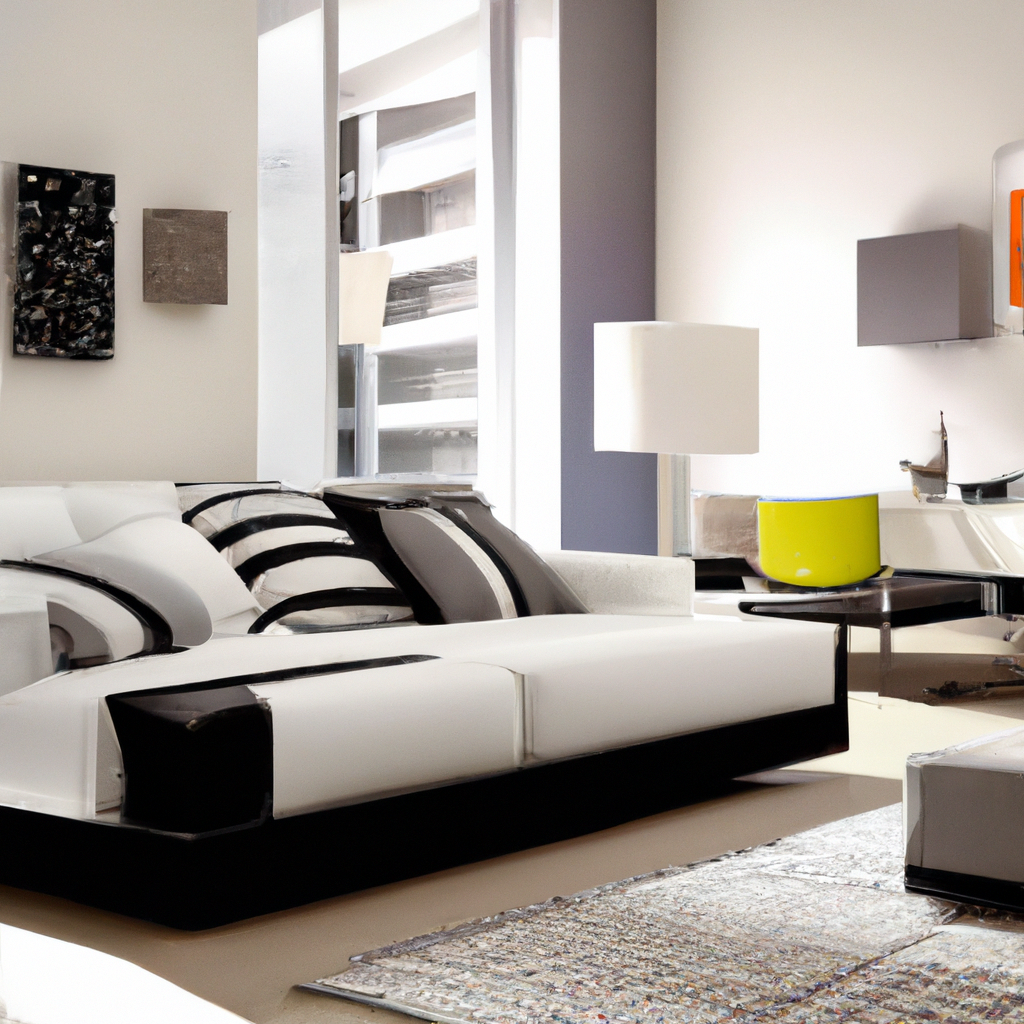 Salon moderne avec canapé noir et blanc, décor minimaliste, touches de jaune et œuvres d'art contemporaines. Ambiance lumi...