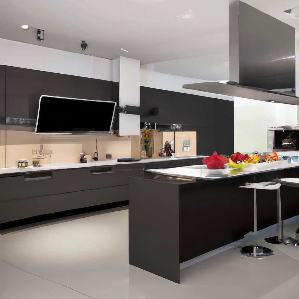 Cuisine moderne minimaliste avec meubles noirs, plan de travail en marbre, îlot central et éclairage contemporain.