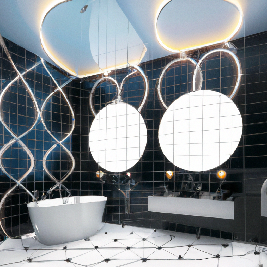 Salle de bain moderne avec baignoire blanche, carrelage noir, miroirs ronds, et éclairage LED chaleureux. Ambiance élégant...