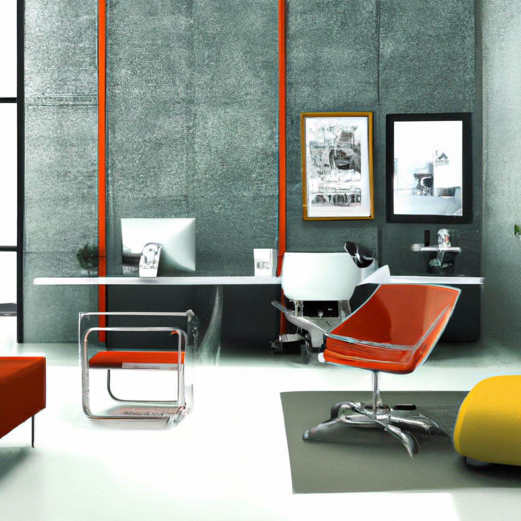 Bureau moderne avec chaise rouge, bureau minimaliste, murs gris texturés, ambiance contemporaine et touches artistiques.