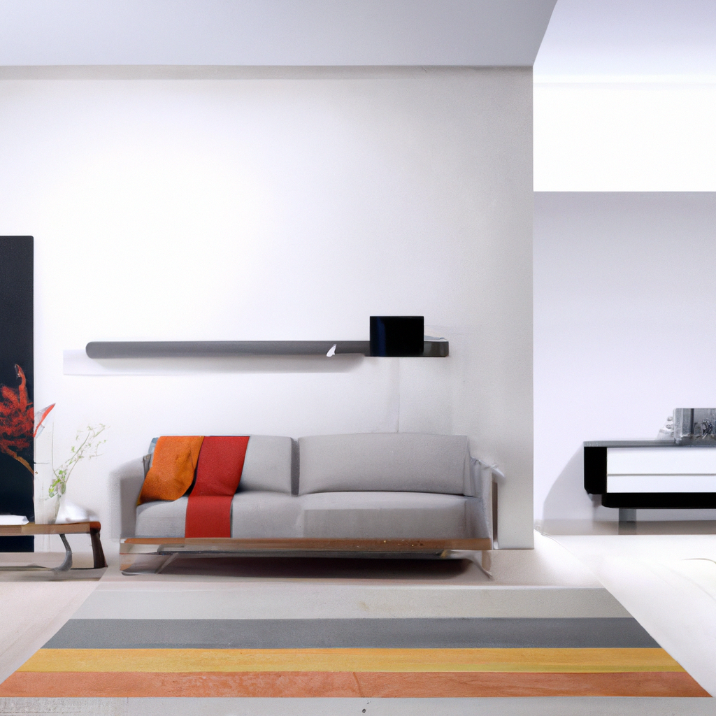 Salon moderne avec canapé gris, coussin rouge, mur blanc, tapis coloré et étagère minimaliste, ambiance épurée et lumineuse.